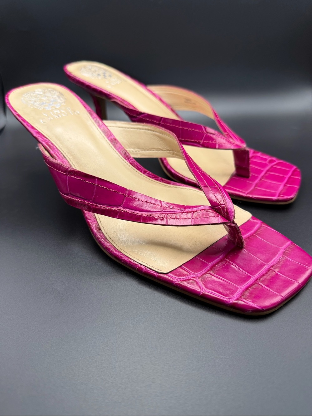 Vince Camuto Fuchsia Croc-Embossed Thong Mules